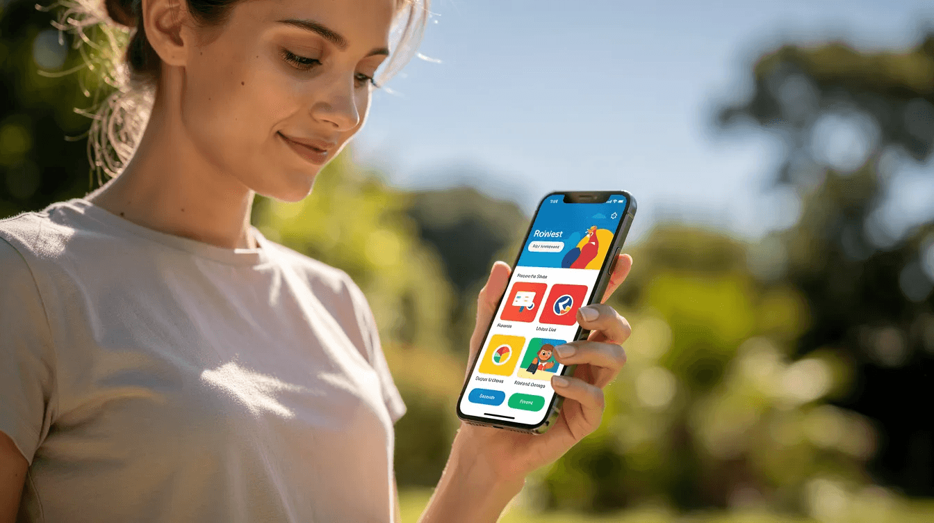 A person is holding a smartphone outdoors, illuminated by bright sunlight, while engaging with a vibrant app interface that showcases innovative solutions. This scene highlights the importance of mobile app development and creative design in today's digital marketing landscape.