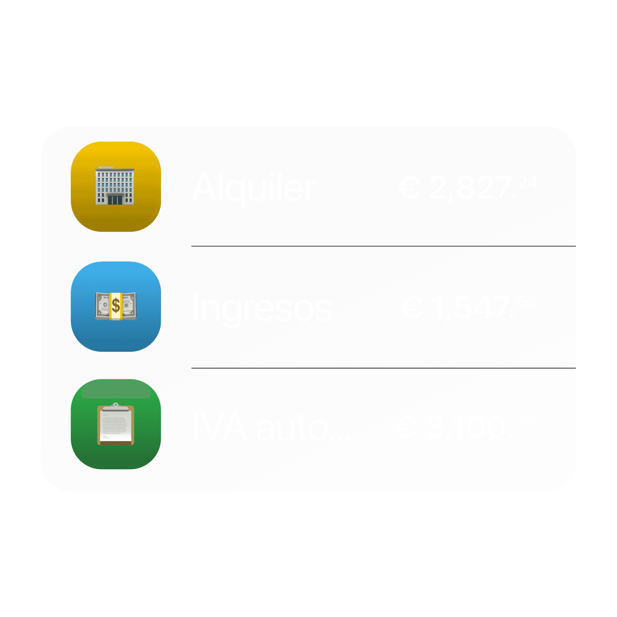 Resumen de gastos e ingresos categorizados, incluyendo Alquiler y servicios, Ingresos, Nómina e IVA Automático, mostrados como bloques coloridos etiquetados con sus montos.