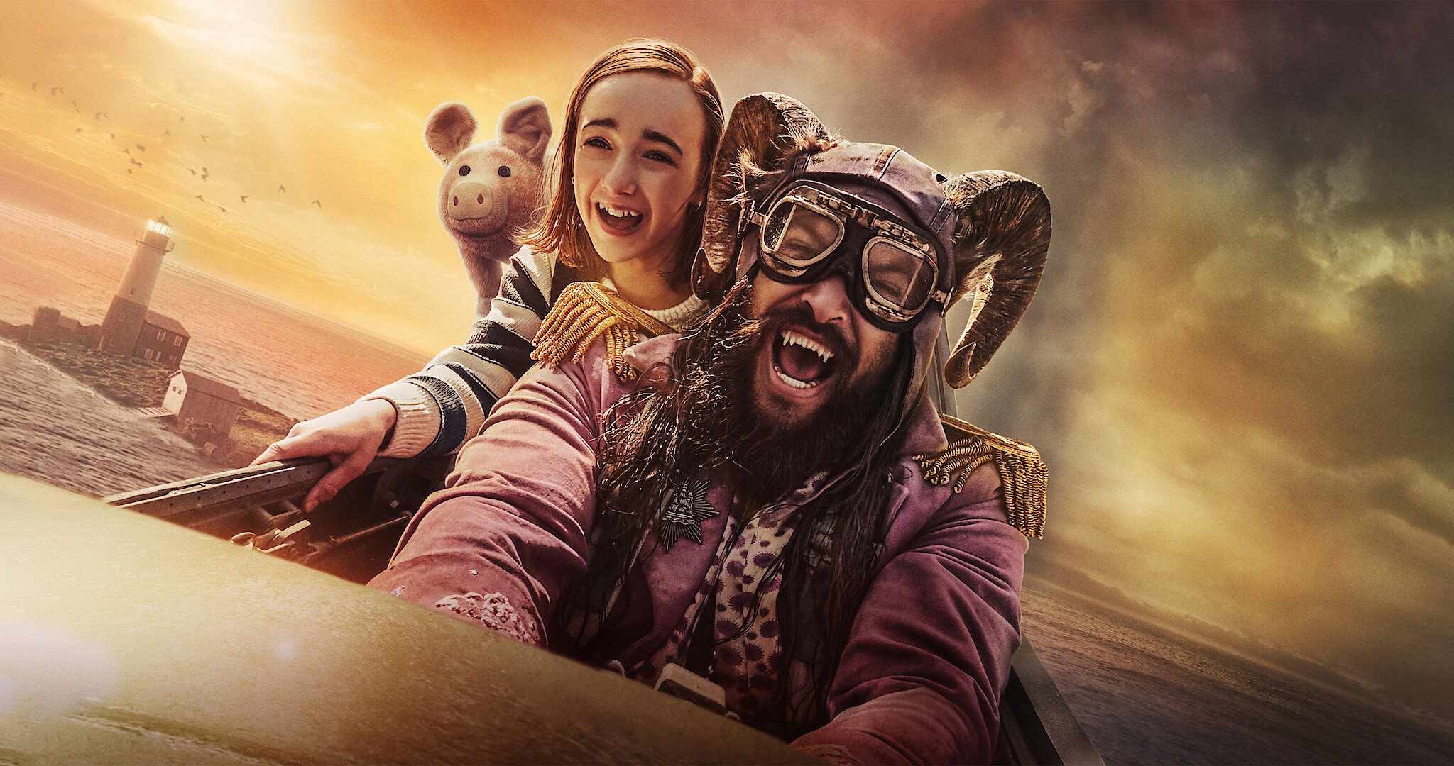 Slumberland trailer artwork featuring a girl, a pig, and a horned adventurer at sea