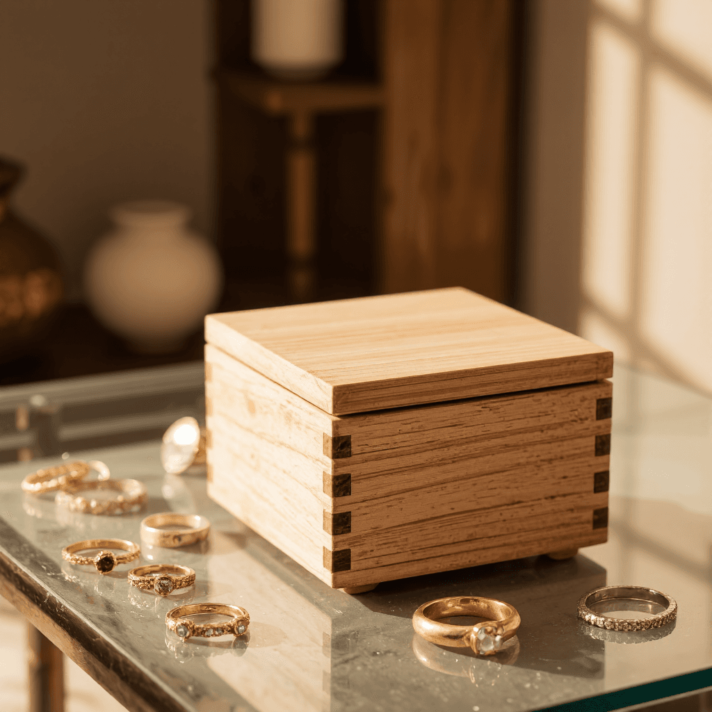product photography of a small wooden box for storage