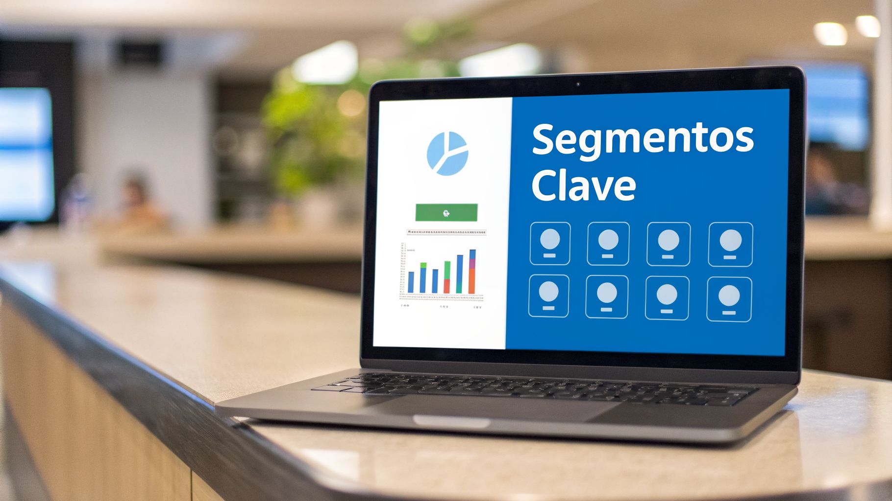 Laptop con presentación de 'Segmentos Clave' y gráficos de datos en un entorno de oficina moderno.