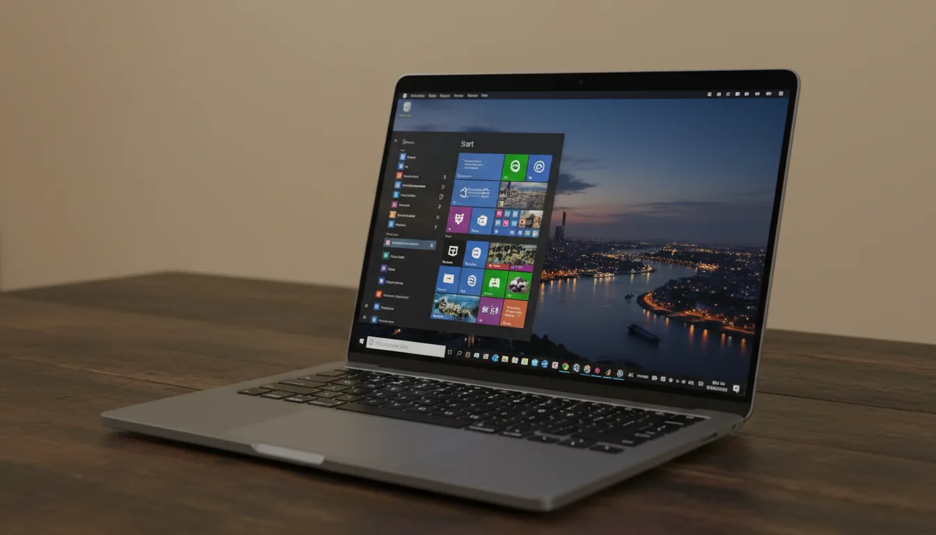 DSLR photograph of a space gray MacBook Air sitting open on a dark, textured wood desk, angled view from the left. The screen is the central focus, brightly displaying the Windows 10 Start Menu in dark mode with colorful UI elements and tiles. The desktop background is a scenic cityscape with a river at dusk. The scene is lit by soft indoor lighting, with a plain, warm beige wall in the softly blurred background. Sharp focus on the laptop's keyboard and screen.