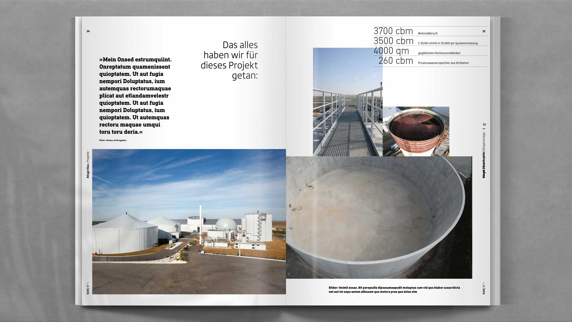 Editorial-Design-Doppelseite zum Thema Umweltbau mit Infoboxen, plakativem Bildeinsatz und typografisch sauberer Gliederung.