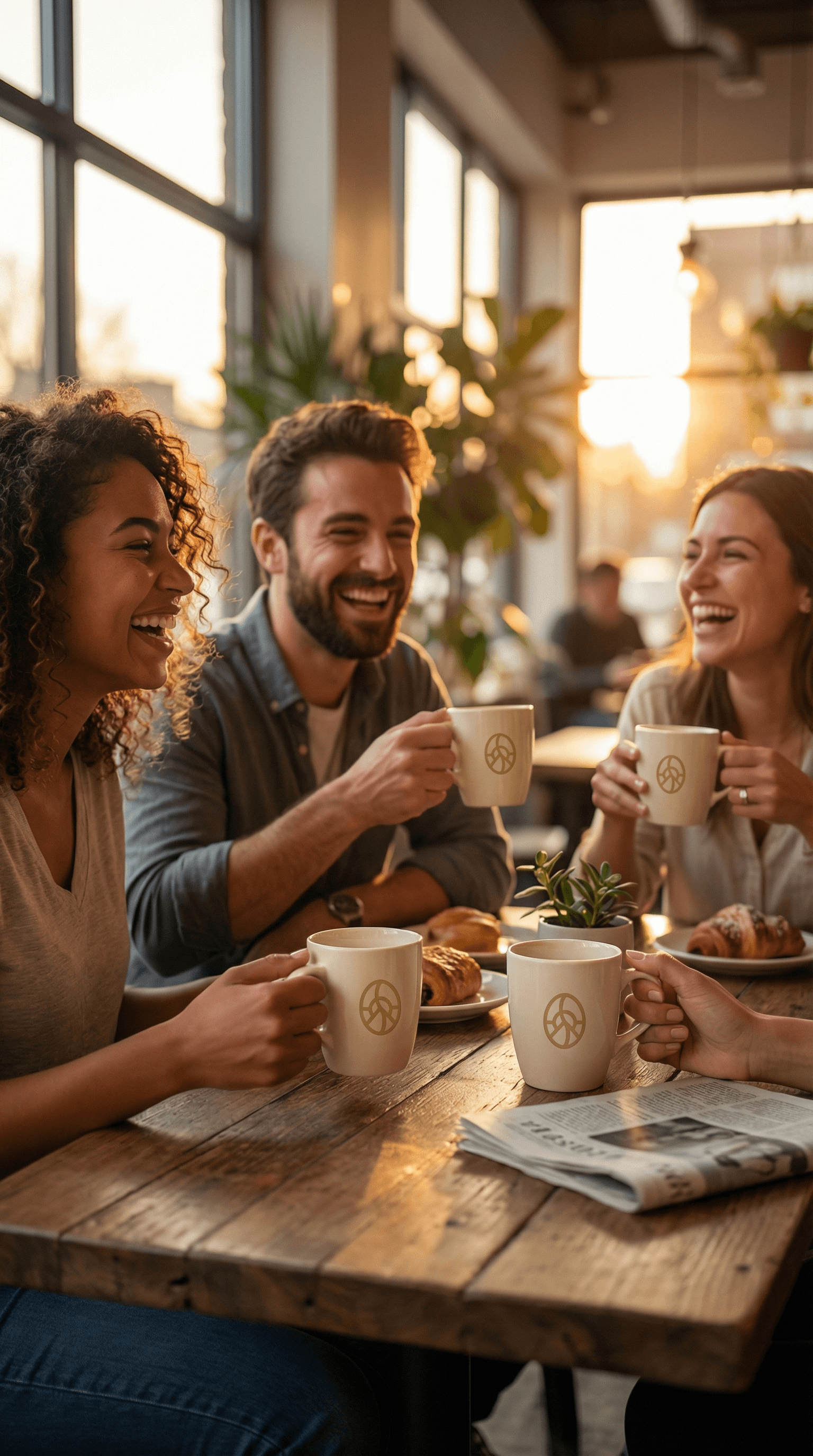 Friends sharing PRIMERO coffee at a sunlit cafe table