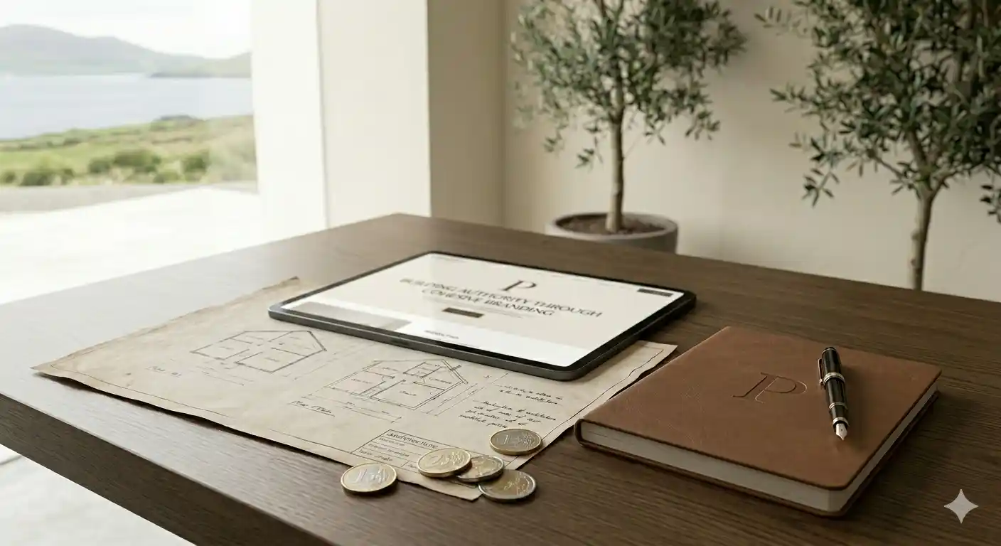 Tablet, drawing plan and coins scattered on a desk with a view of the Irish landscape in the background