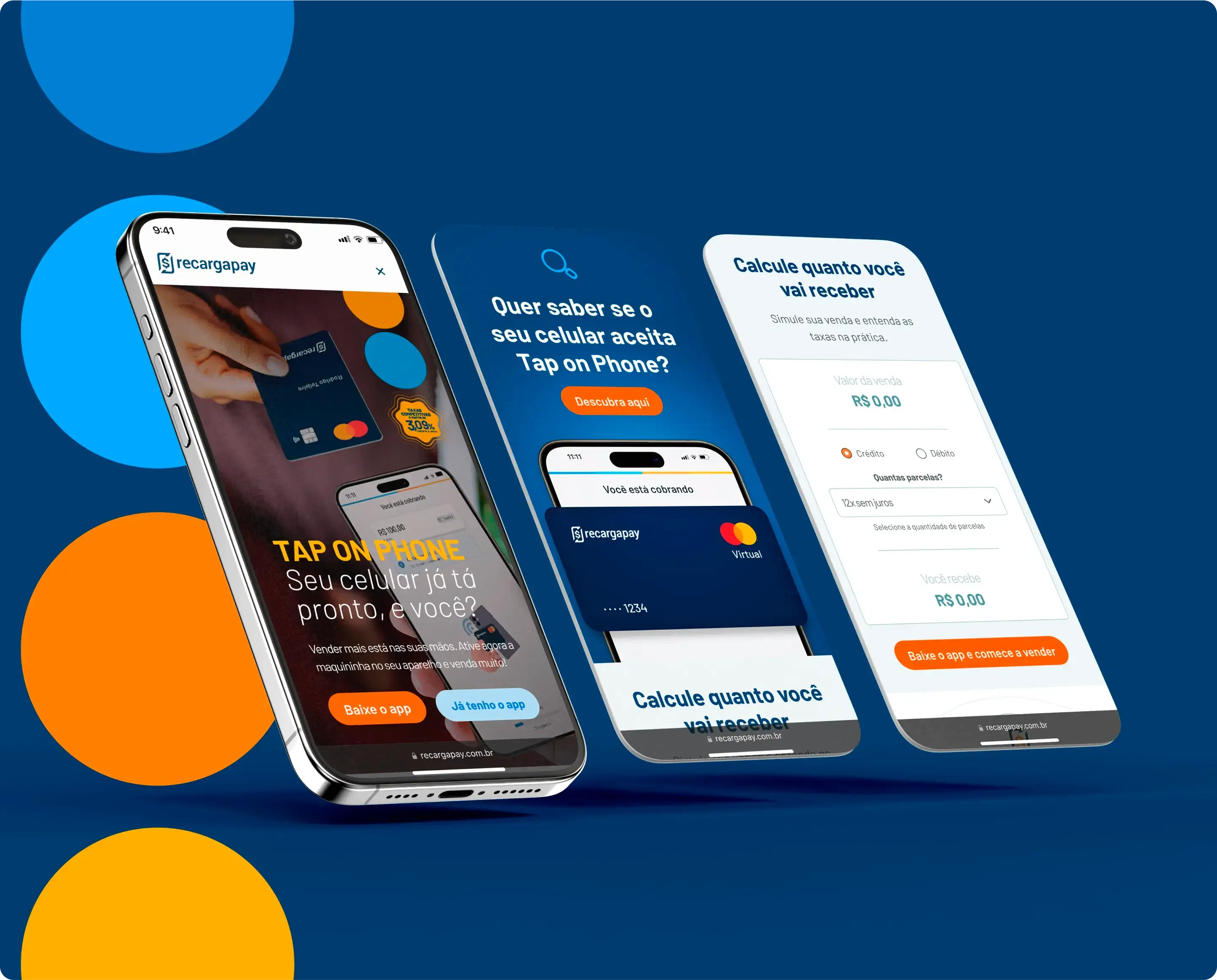Mobile-first UI mockups of RecargaPay's Tap On Phone landing page, built for seamless user flow from product discovery to app download on smartphone screens.