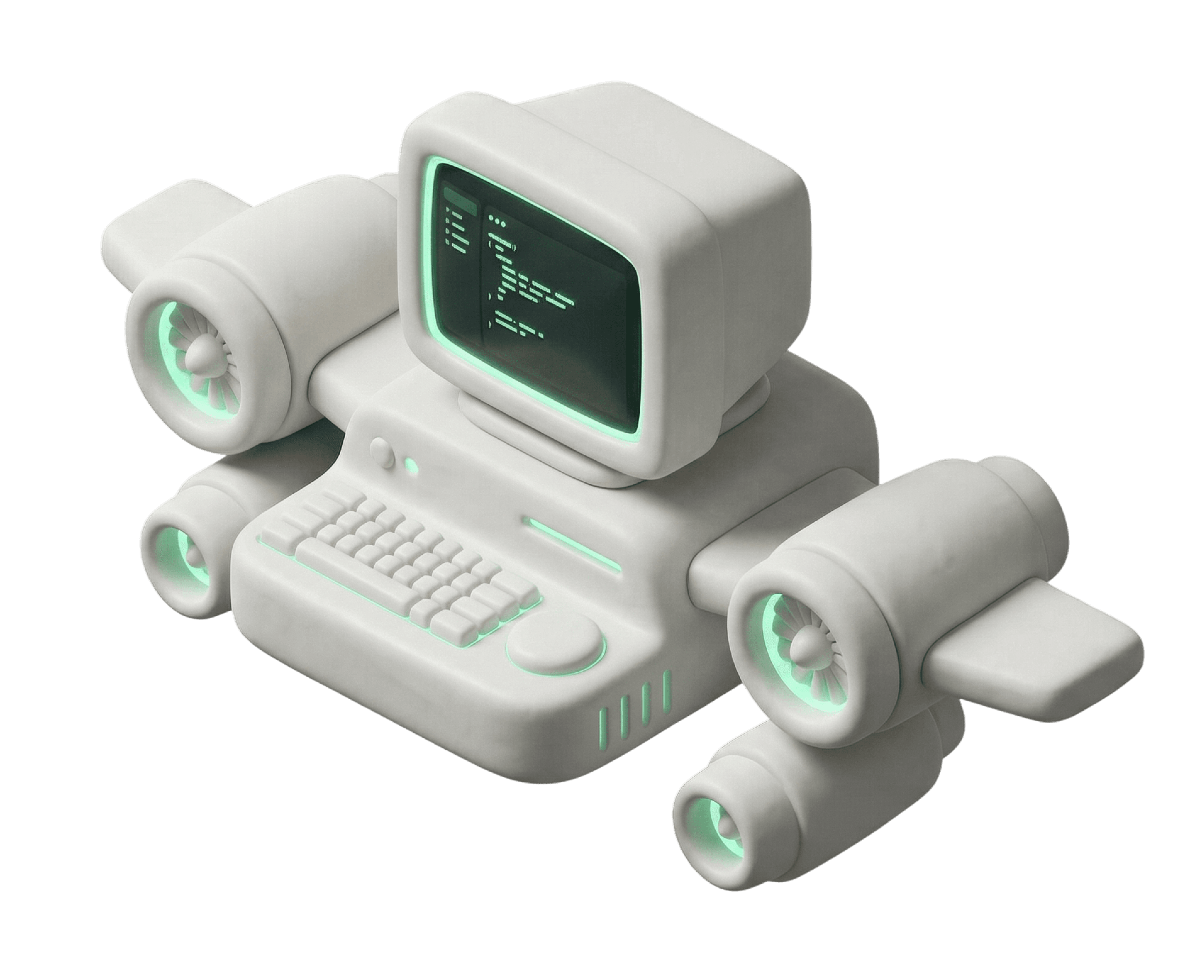 Isometric 3D illustration of a white retro-style computer workstation equipped with four jet engines and glowing green light accents, representing high-speed data processing and performance, isolated on a black background.