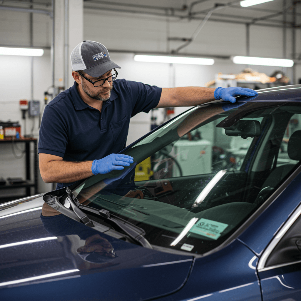 Technician comparing OEM and aftermarket windshields on a car in Oldsmar, Florida
