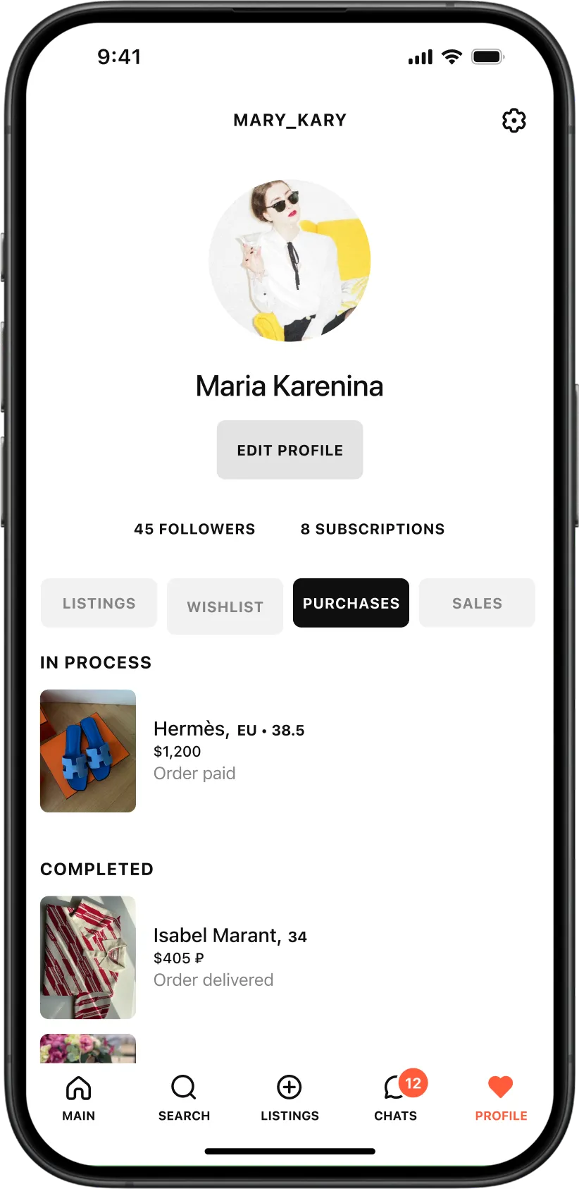 User profile purchases screen in the Tuff Stuff marketplace app, showing in-process and completed orders with product thumbnails, item names, prices, and order statuses.