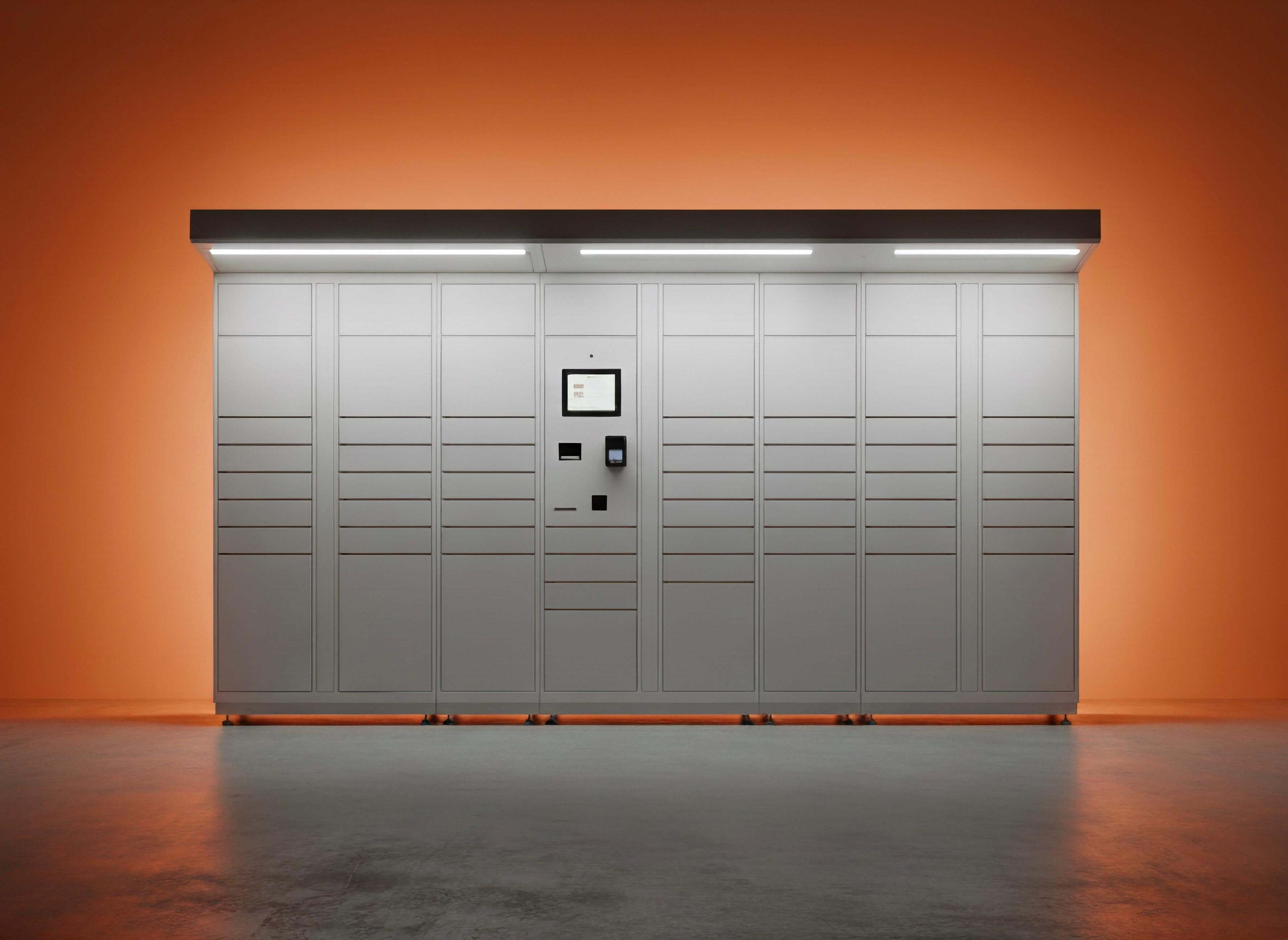 Smart parcel locker unit with digital interface for automated package delivery and retrieval.