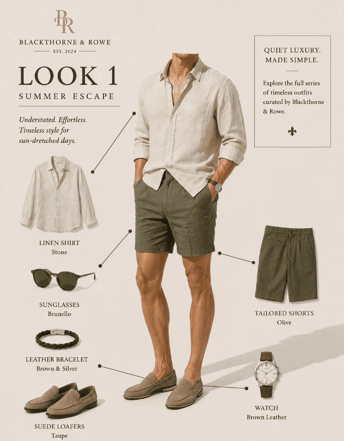 A menswear fashion style infographic from Blackthorne & Rowe titled "LOOK 1: SUMMER ESCAPE." The center features a man standing in a relaxed summer outfit consisting of a stone-colored linen button-down shirt with rolled-up sleeves and olive green tailored shorts, paired with taupe suede loafers. On the left and right, individual product images point to the items with thin black lines: a linen shirt in "Stone", round sunglasses in "Brunello", a braided leather bracelet in "Brown & Silver", taupe suede loafers, tailored shorts in "Olive", and a classic watch with a brown leather strap. The header reads "QUIET LUXURY. MADE SIMPLE." while a dark green banner at the bottom prompts viewers to "CLICK THROUGH" for the full series.