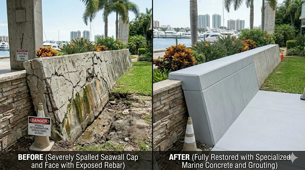 Marine seawall repair and concrete restoration on a Fort Lauderdale waterfront property — Planet Construction FL