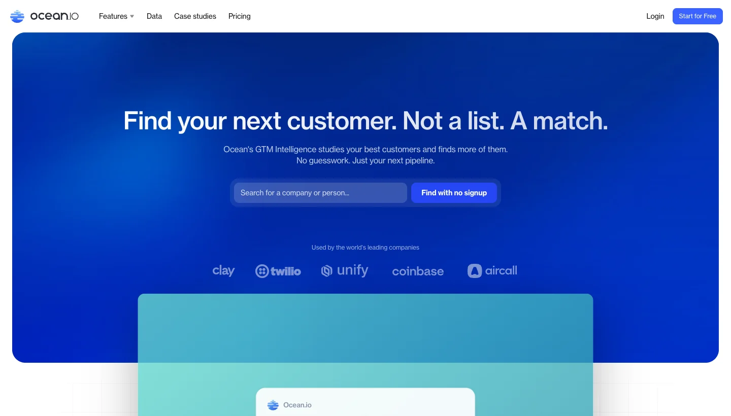 Ocean.io homepage: AI lookalike company search and ICP analysis platform