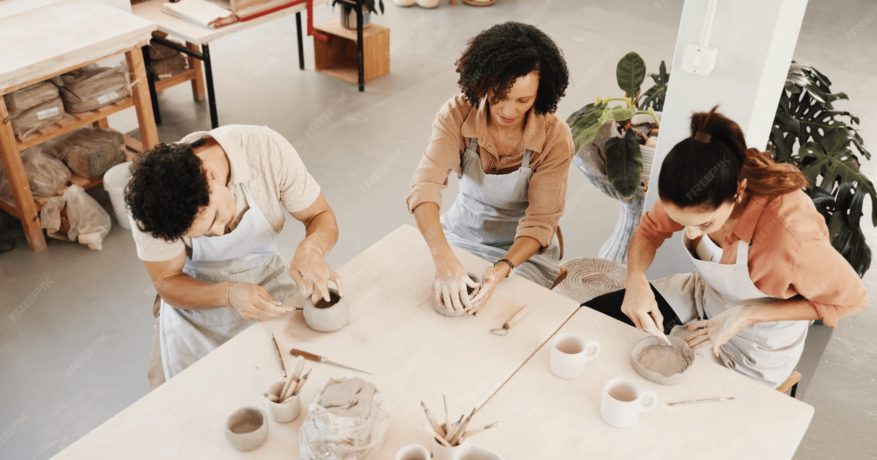 Three people in aprons working together at a table, shaping clay pieces in a bright pottery studio.