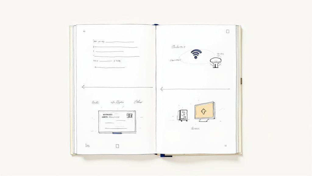 A stylish guest book and pen on a modern desk.