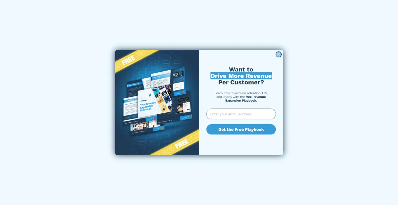 Flowium lead magnet popup with a 3D preview of the free revenue expansion playbook