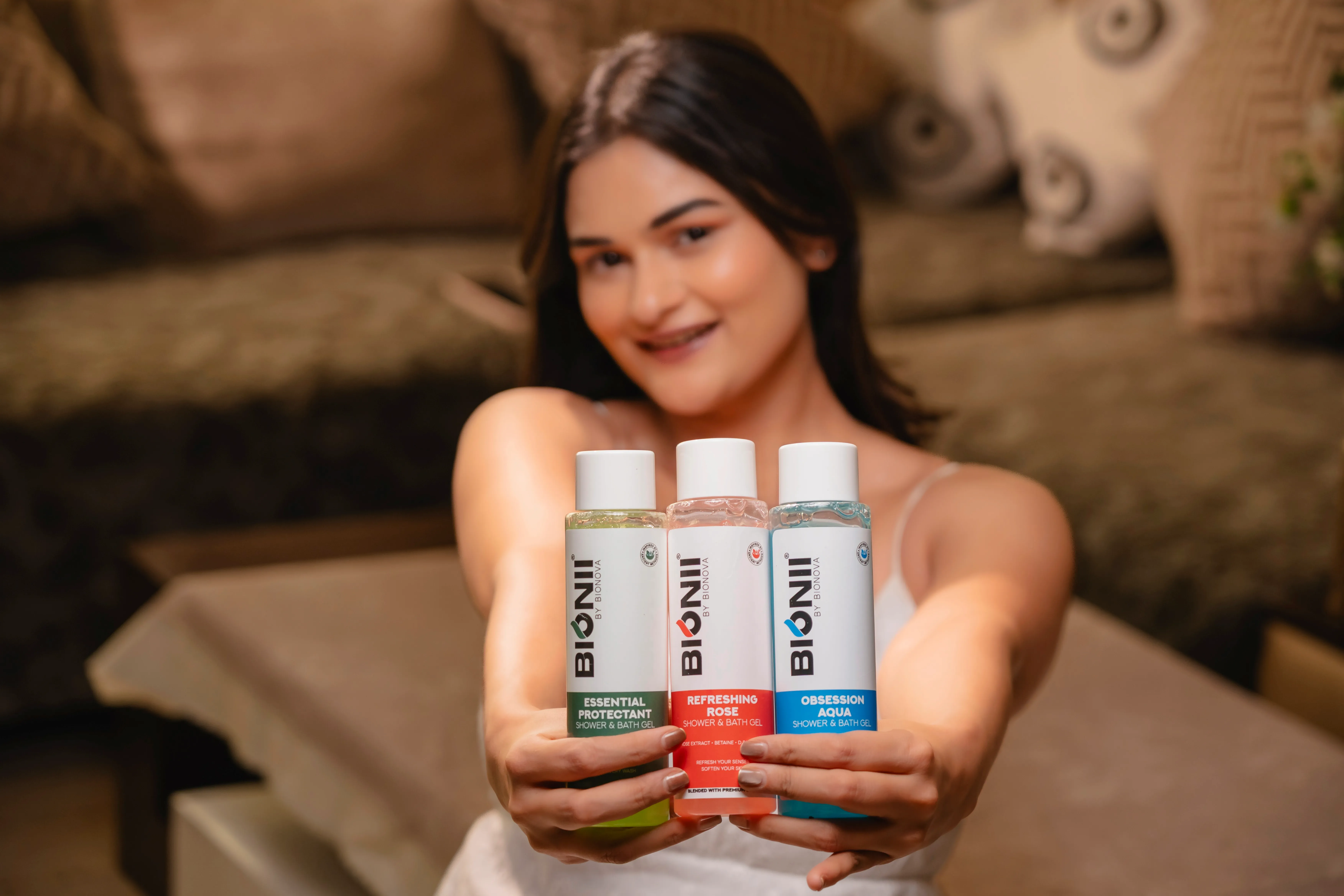 Lifestyle image of woman with Bionii personal care product