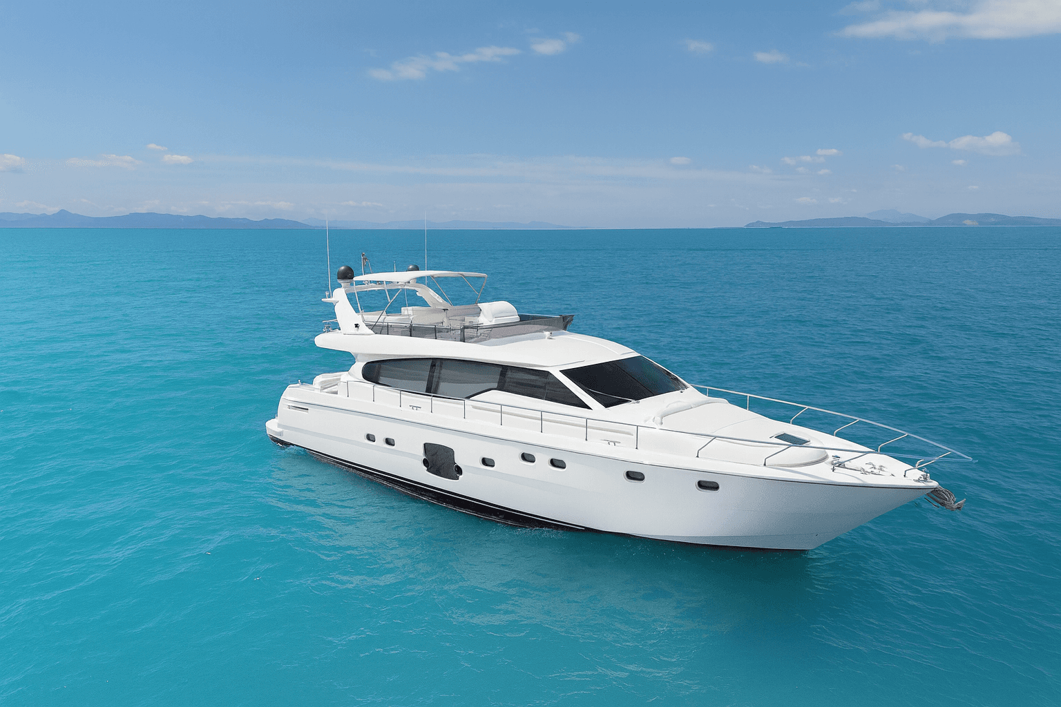 White Ferretti 63 Escape motor yacht anchored in crystal-clear turquoise waters with Cycladic islands visible on the horizon.
