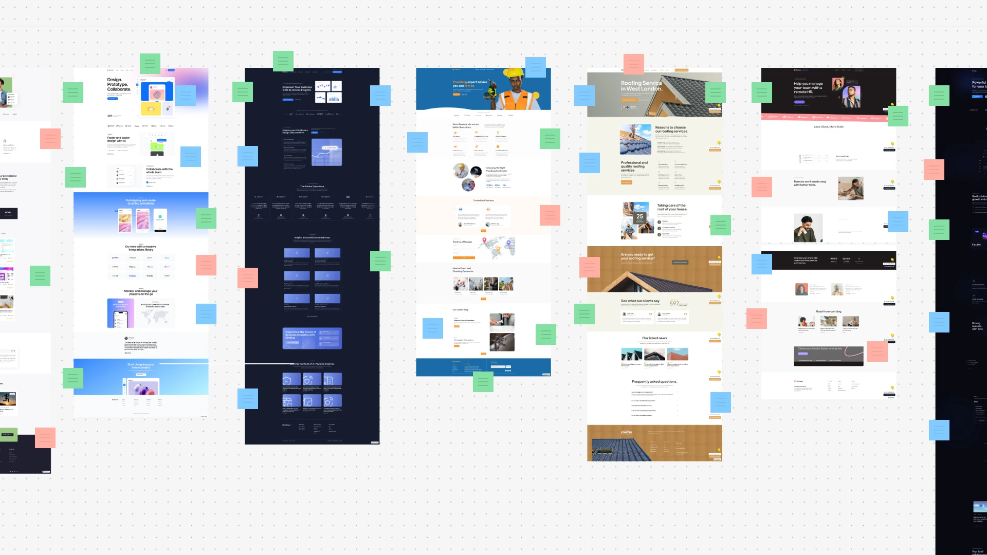 Benchmarking of website designs with various layouts, annotated with colorful post-its for insights and feedback.