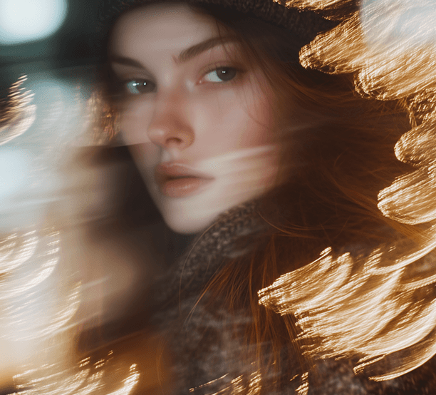 A woman with red hair wearing a hat stands in a dark environment, her features partially obscured by shadows.