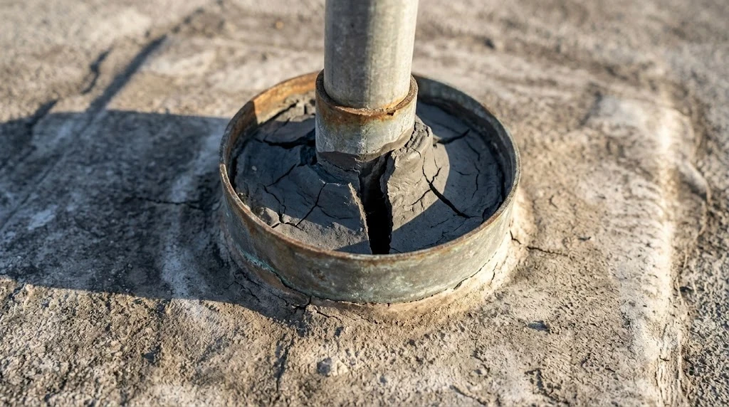 Cracked pitch pan sealant around a conduit penetration on a commercial flat roof