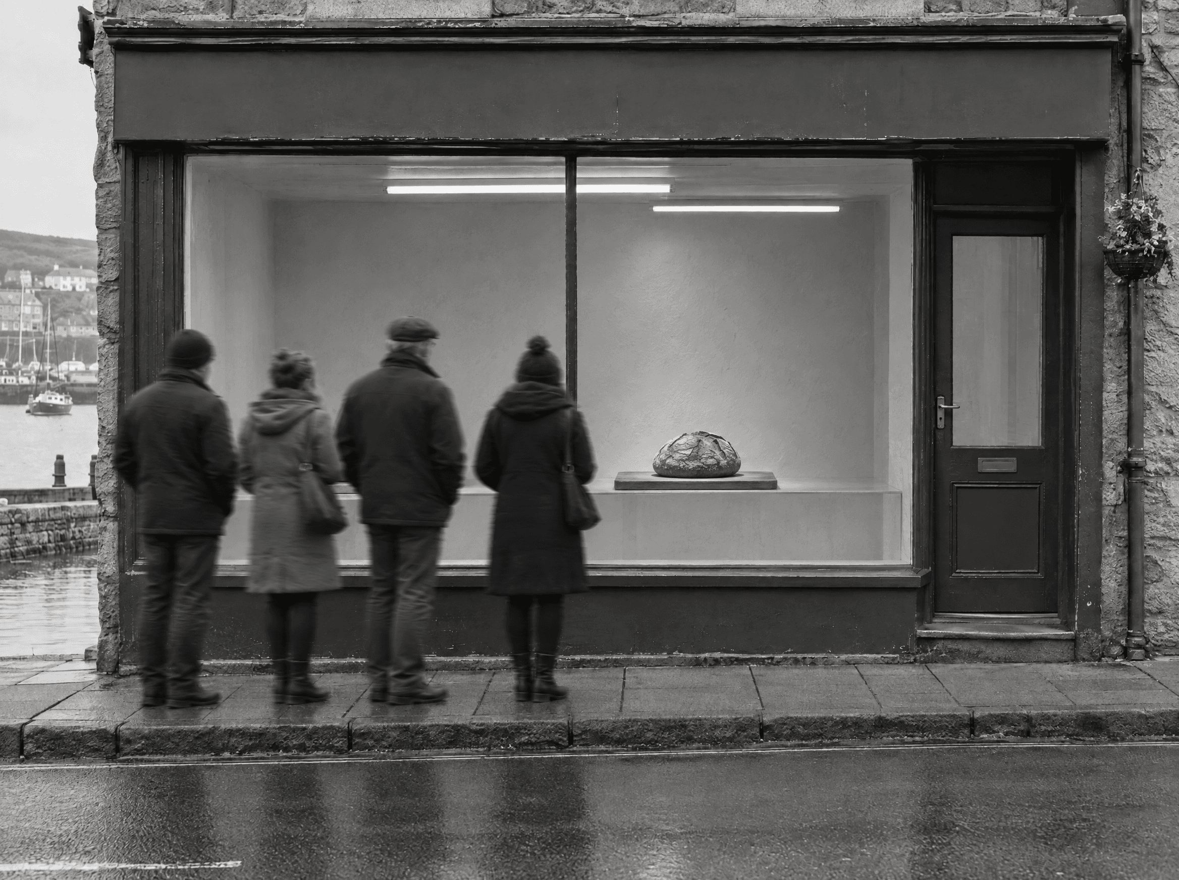 Four people in coats look into a bakery window with a single loaf on display.