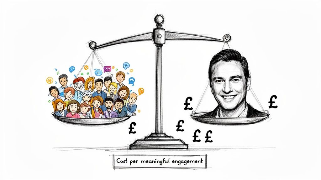 A balance scale shows many people on one side costing less than one man on the other, representing engagement cost.