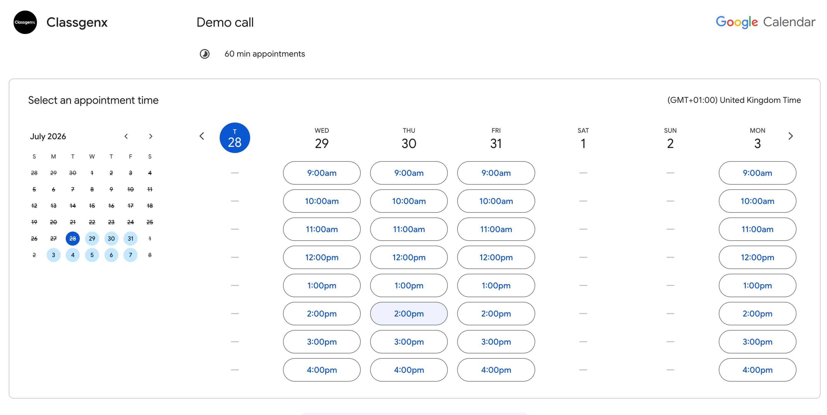 google appointment booking page settings showing calendar view and available meeting time slots