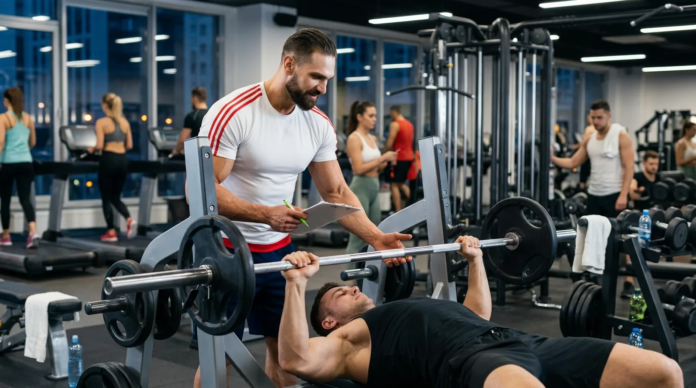 personal trainer auxiliando aluno em treino de musculação na academia