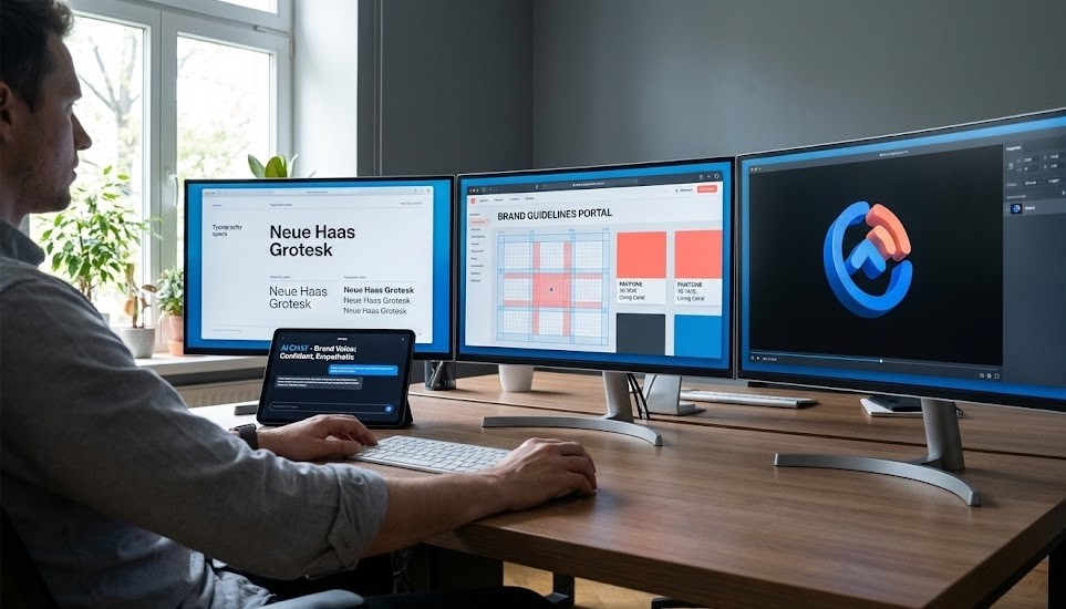 Um designer gráfico trabalha numa secretária de madeira com três monitores. O monitor da esquerda mostra especificações de tipografia "Neue Haas Grotesk", o central um portal de diretrizes de marca com grelha e cores Pantone, e o da direita um software de vídeo com um logótipo 3D em movimento. Um tablet na secretária exibe um chat de IA com "Brand Voice: Confident, Empathetic". A luz natural entra pela janela à esquerda.