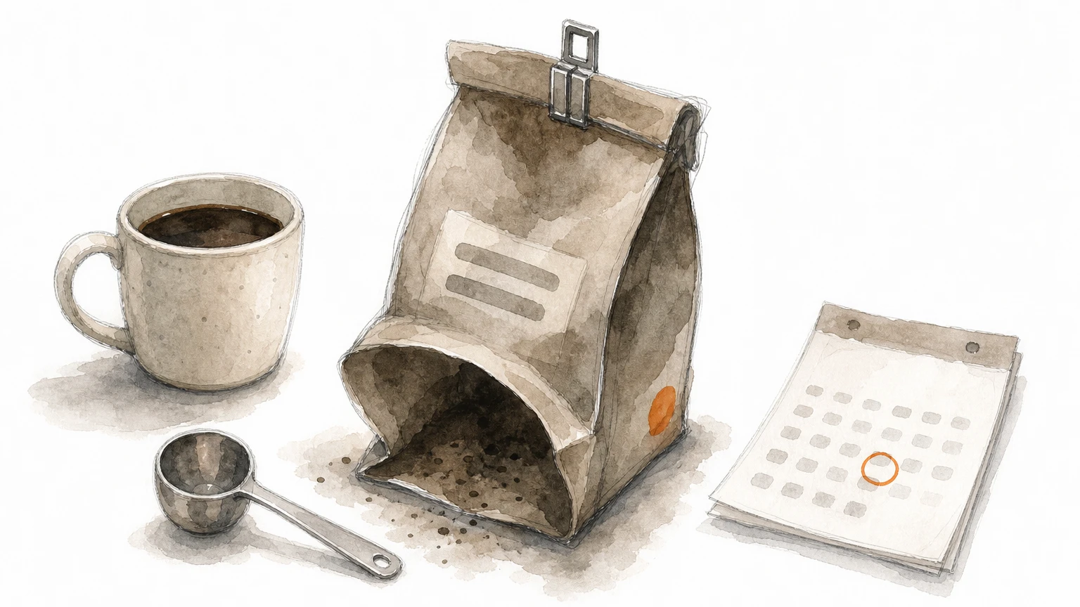 A nearly empty coffee bag on a counter beside a scoop, circled calendar page, and mug.