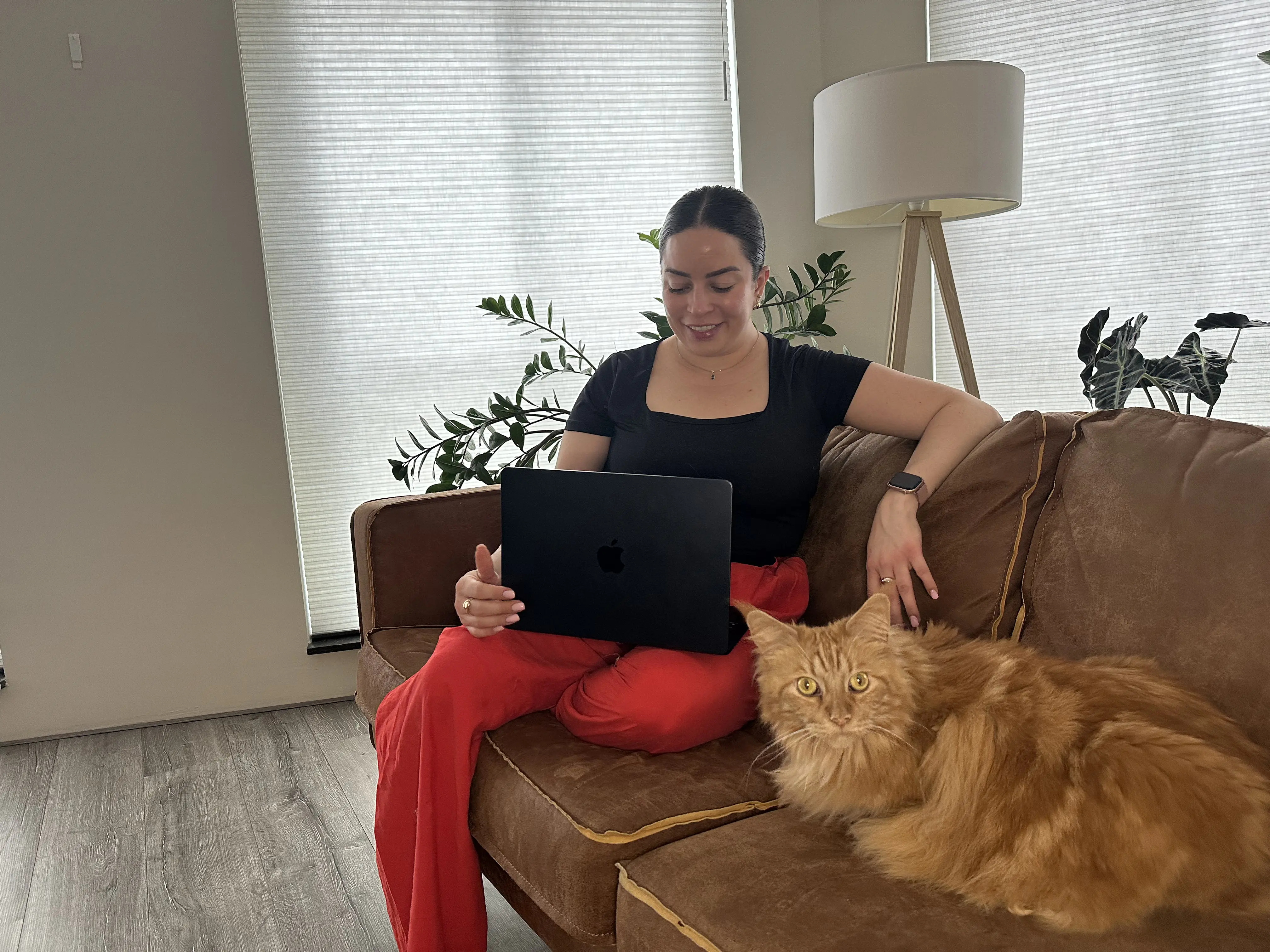 Karina Paviotti aan het werk aan een webdesign met haar kat Jackie op schoot — webdesign Rotterdam sfeerbeeld