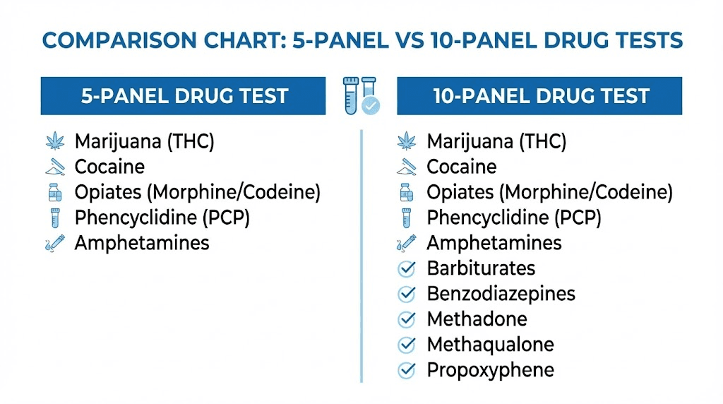 Drug test panel comparison showing substances detected in 5 and 10 panel tests