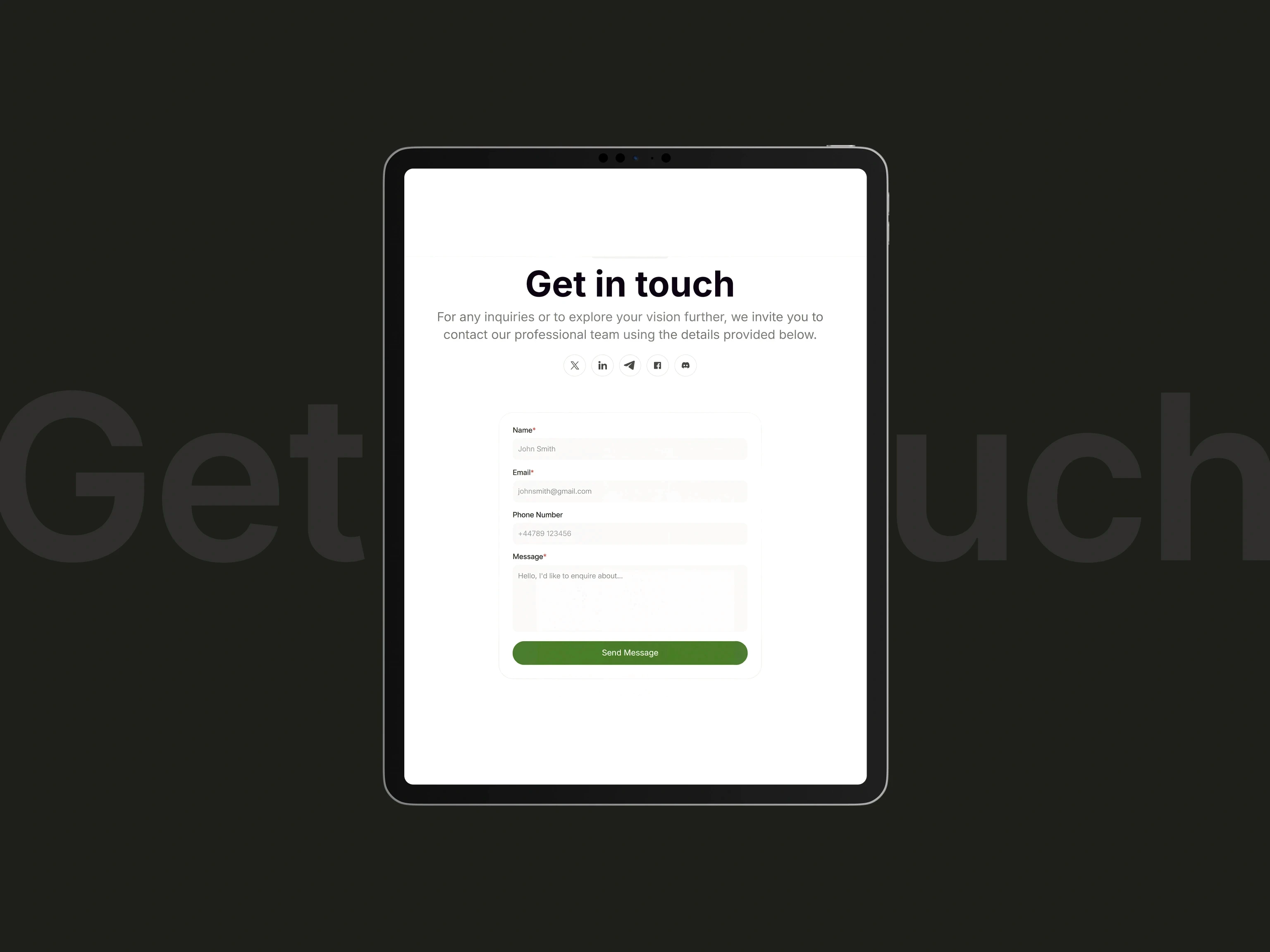 Giant Protocol contact form displayed on a tablet