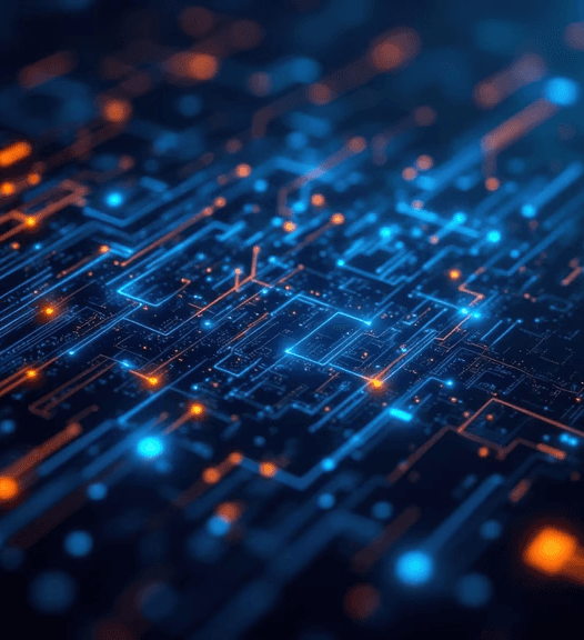 Abstract digital network of blue and orange circuitry lines representing data flow and system connectivity.”