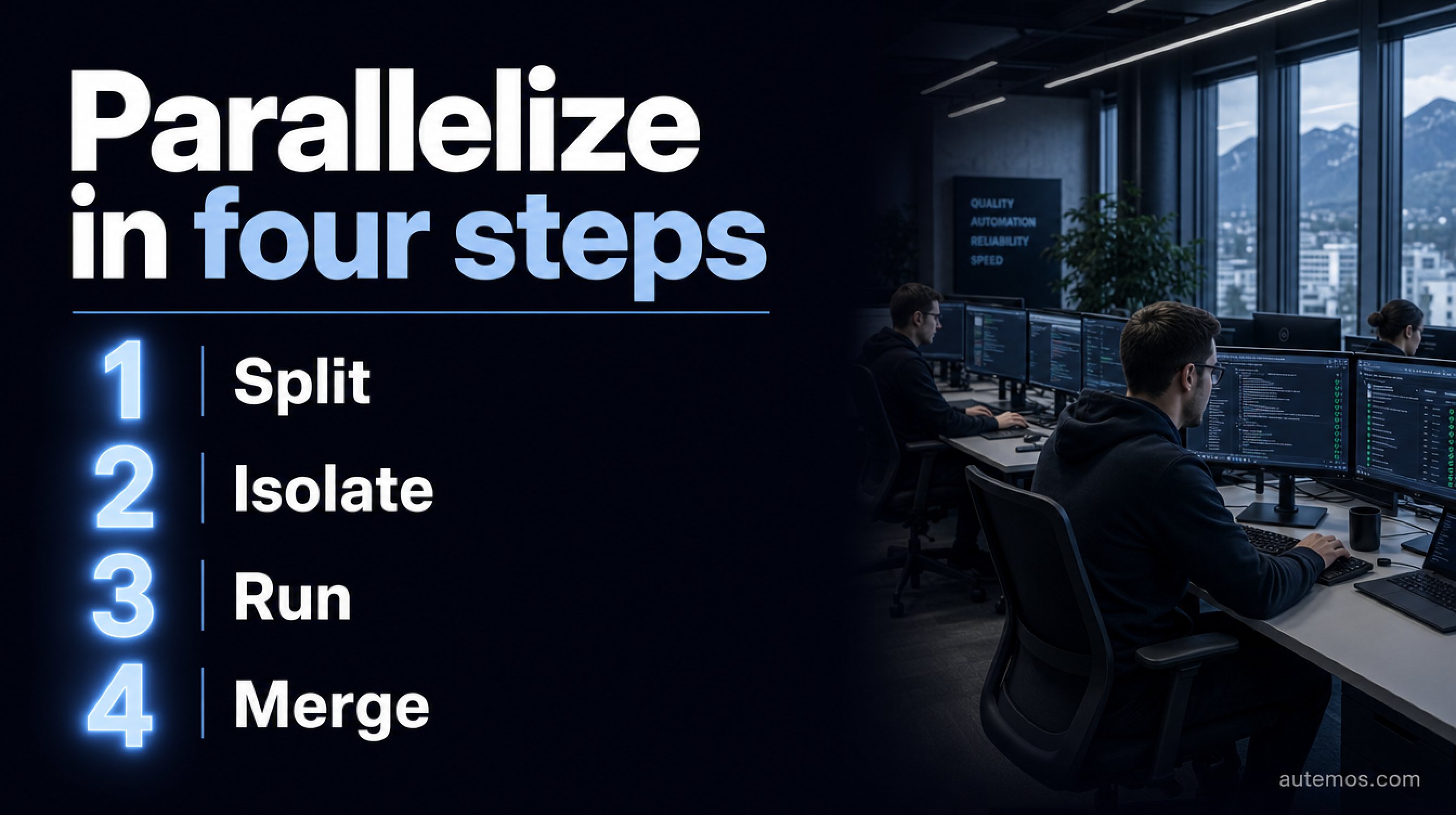 Numbered four-step list to parallelize tests: 1 Split, 2 Isolate, 3 Run, 4 Merge, with large light-blue numerals.