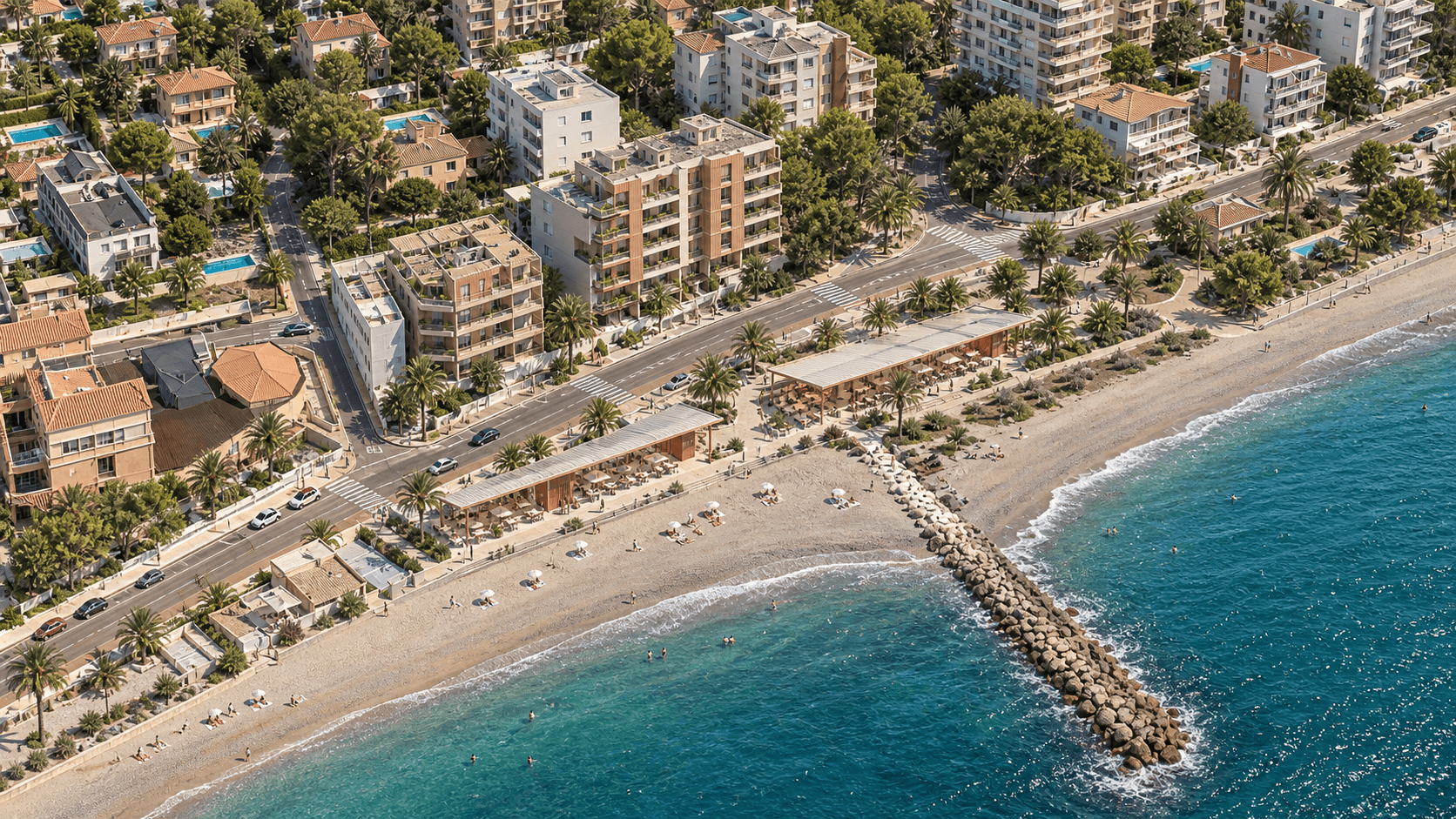 Conceptual aerial view of the Heliópolis coastal district with proposed facade and public-space interventions.
