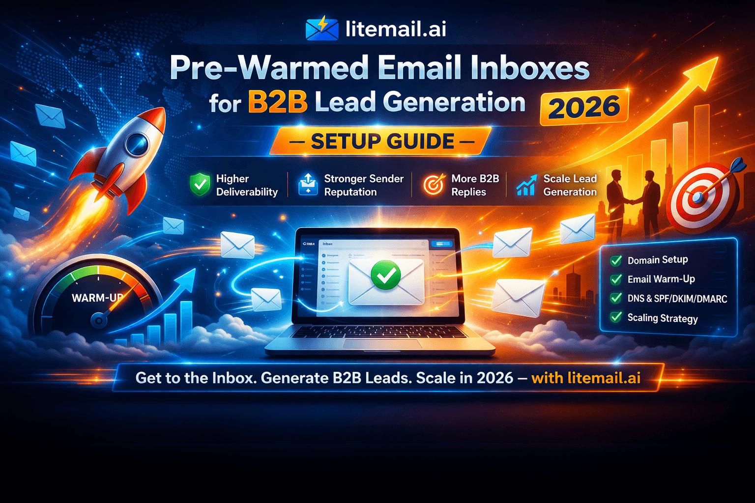 Pre-warmed email inboxes for B2B lead generation 2026 setup guide. Infrastructure diagram showing domains, DNS configuration, OAuth connection to sending platforms. Litemail pre-warmed inboxes at $4.99 per inbox.