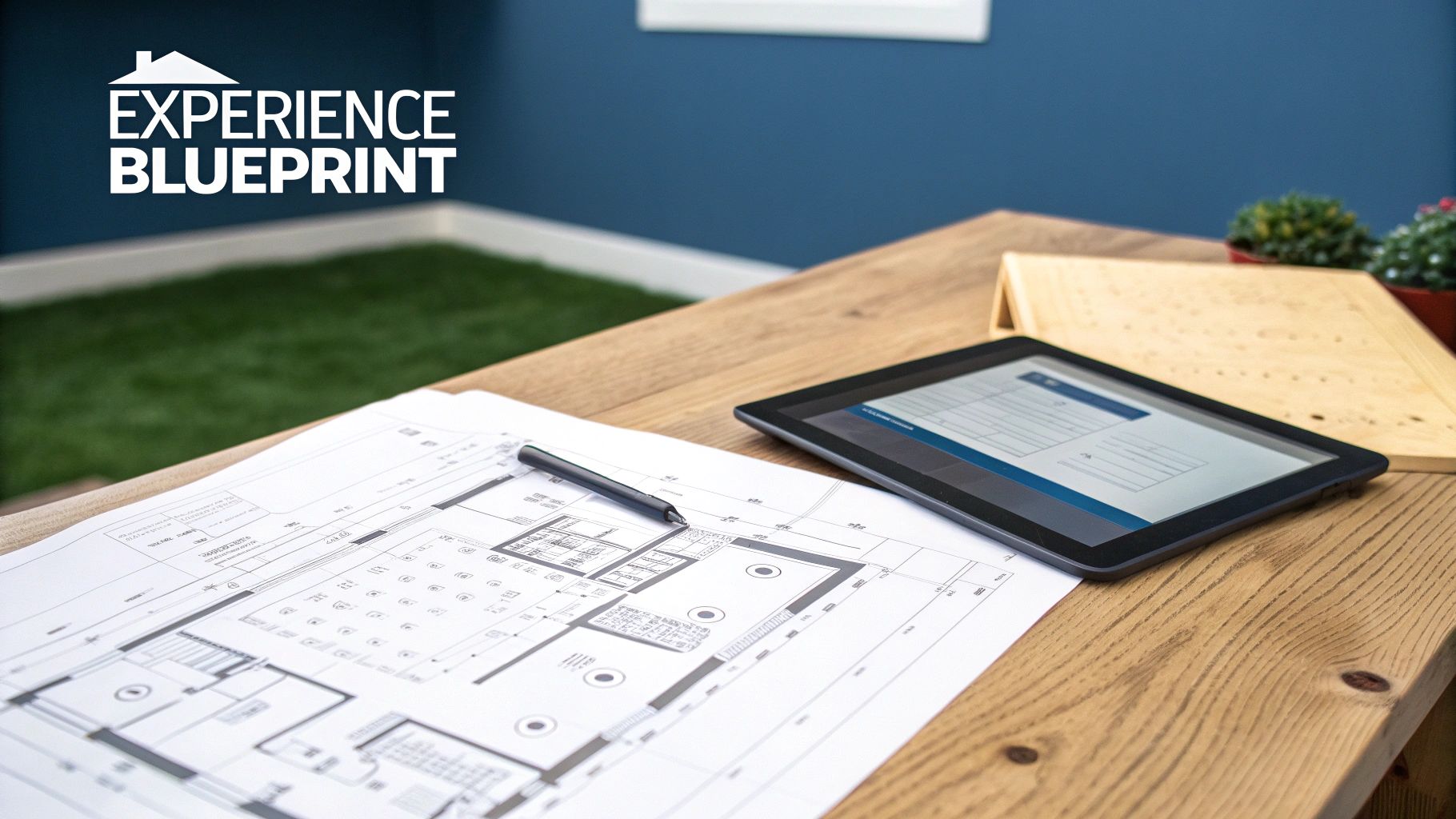A blueprint and stylus on a wooden desk next to a tablet, with a 'Experience Blueprint' logo.