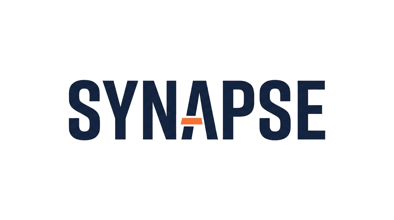 The image features the word "SYNAPSE" in bold, dark blue letters on a black background. The letter "A" is replaced by an orange horizontal line.
