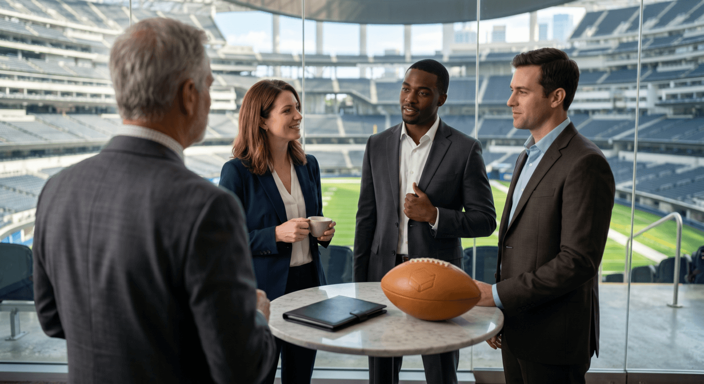 Athletes wearing a suit networking in a lounge