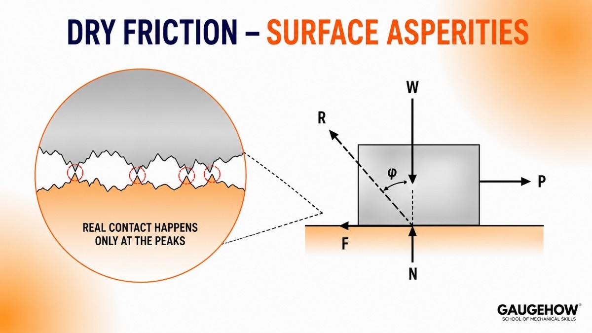  Magnified surface asperities and a free body diagram of a block showing dry friction force F, normal reaction N, weight W and applied push P