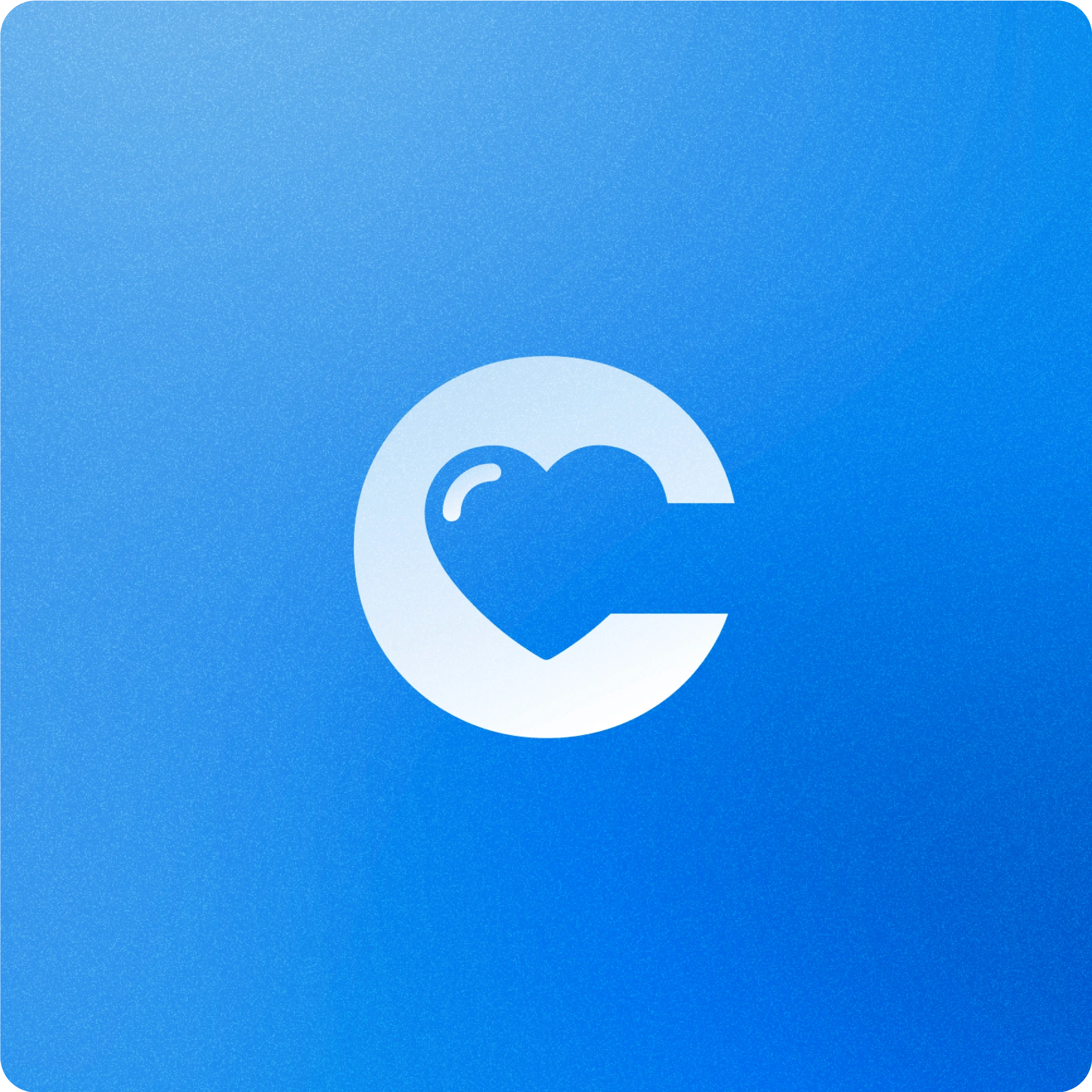 A simple blue gradient background featuring a white logo in the center. The logo consists of the letter "C" with a heart shape integrated into the letter, symbolizing health or care. The heart has a small reflection, giving it a three-dimensional look. The design is clean and modern, representing a brand or company related to cardiovascular or healthcare services.