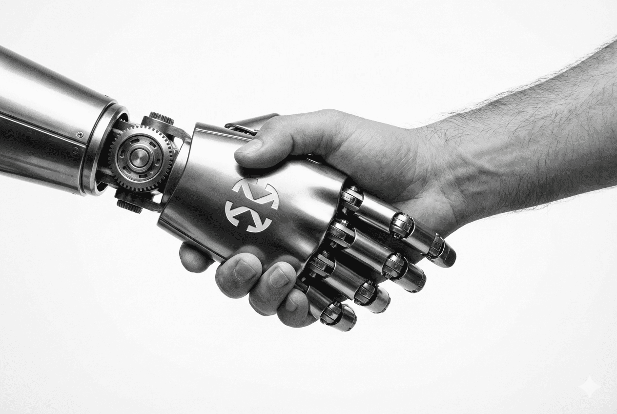 Aperto de mãos entre uma mão humana e uma mão robótica, simbolizando a colaboração empresas e a ranqia, seo, geo, aeo, agentic commerce e inteligência artificial.