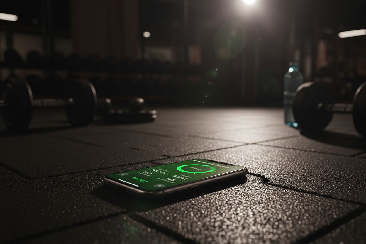 An iPhone on a gym floor displaying a workout tracking screen