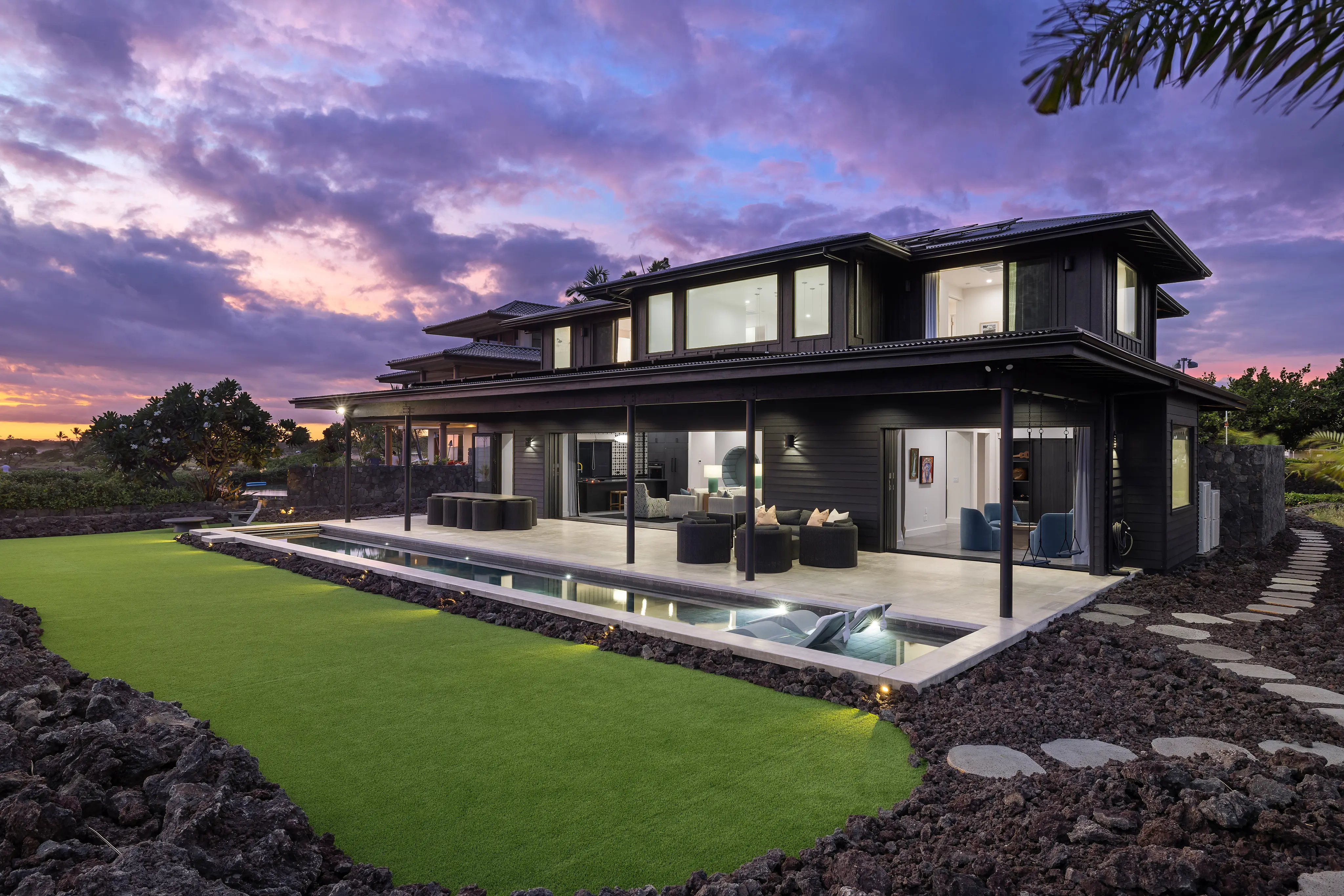 Two-story villa and lap pool at dusk, Kailua Coast Villa, Kailua-Kona