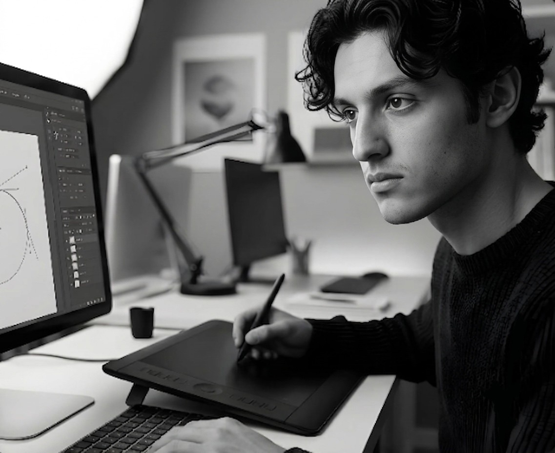 A focused young man (Philip Heyes) works intently on a digital tablet at a modern desk, alongside multiple computer monitors, possibly engaging in creative tasks for a software company project.