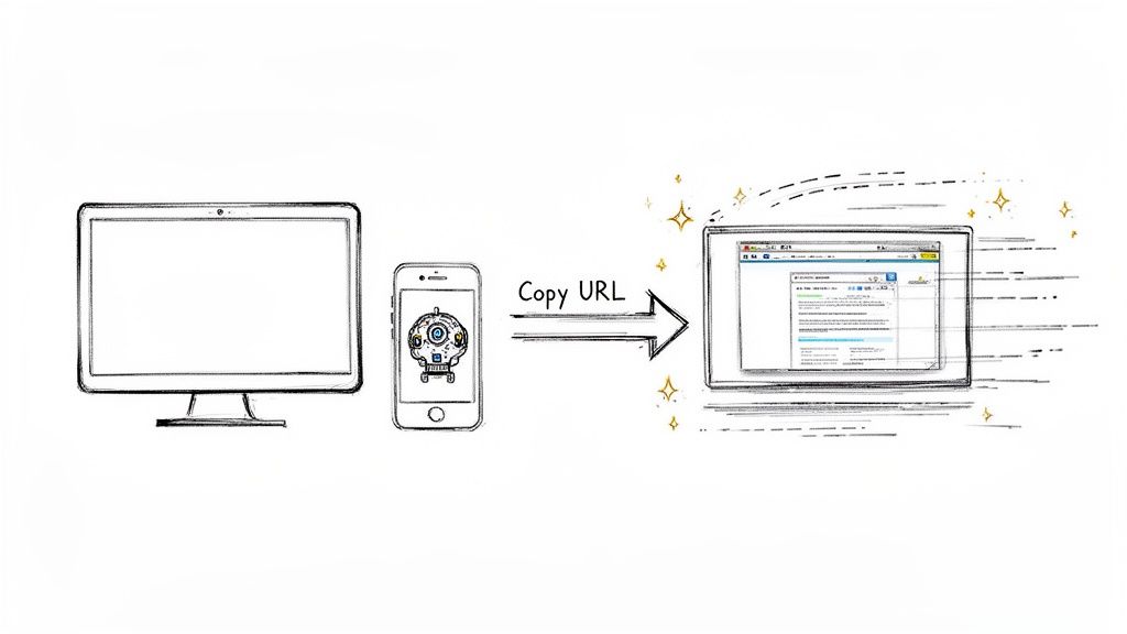 A sketch showing copying a URL from a smartphone to a desktop monitor for quick display.