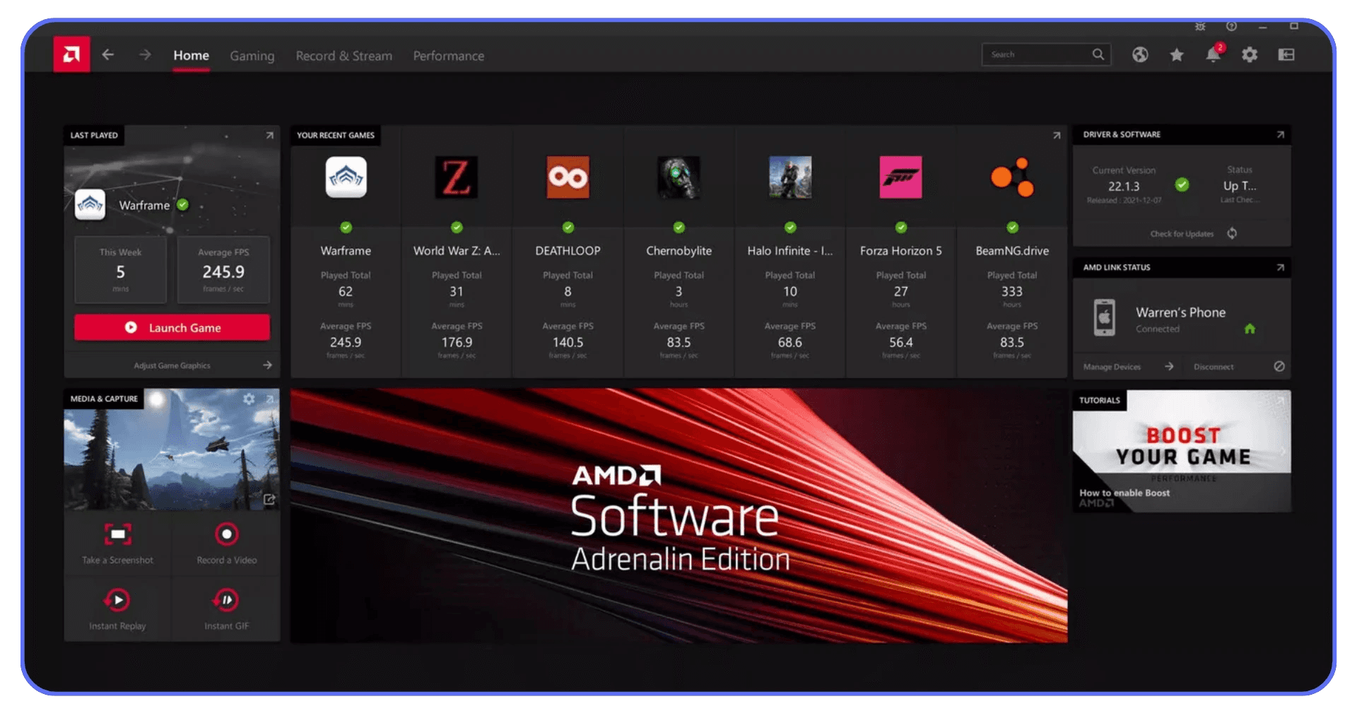 AMD Adrenalin software interface open on screen, showing GPU driver updates and performance management for AutoCAD optimization.