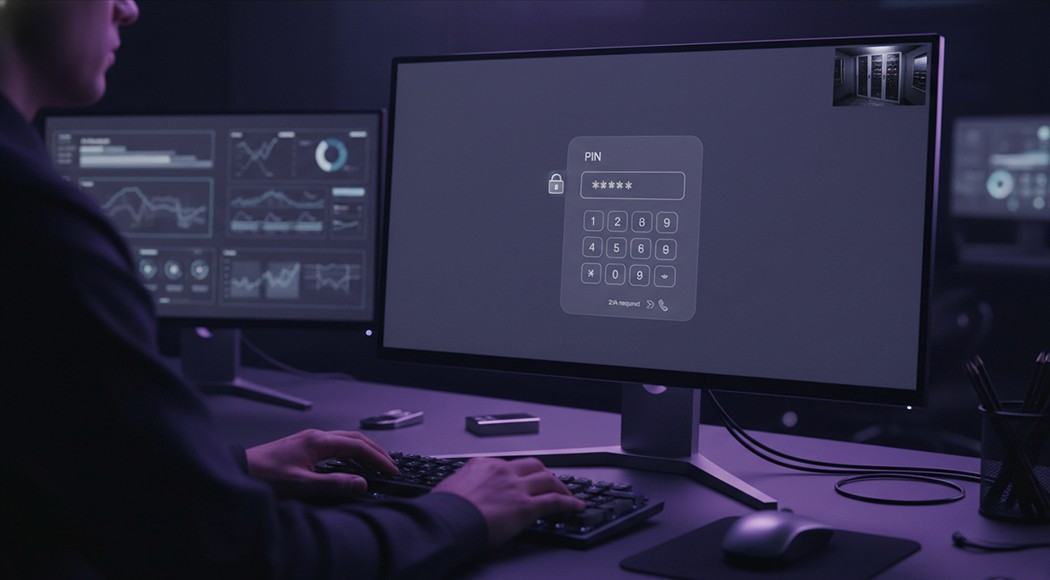 Mitarbeiter gibt PIN an Sicherheitslogin am Monitor ein
